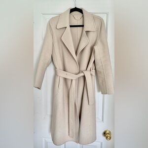Wool-Blend Thin Belted Medium Long Coat Cream